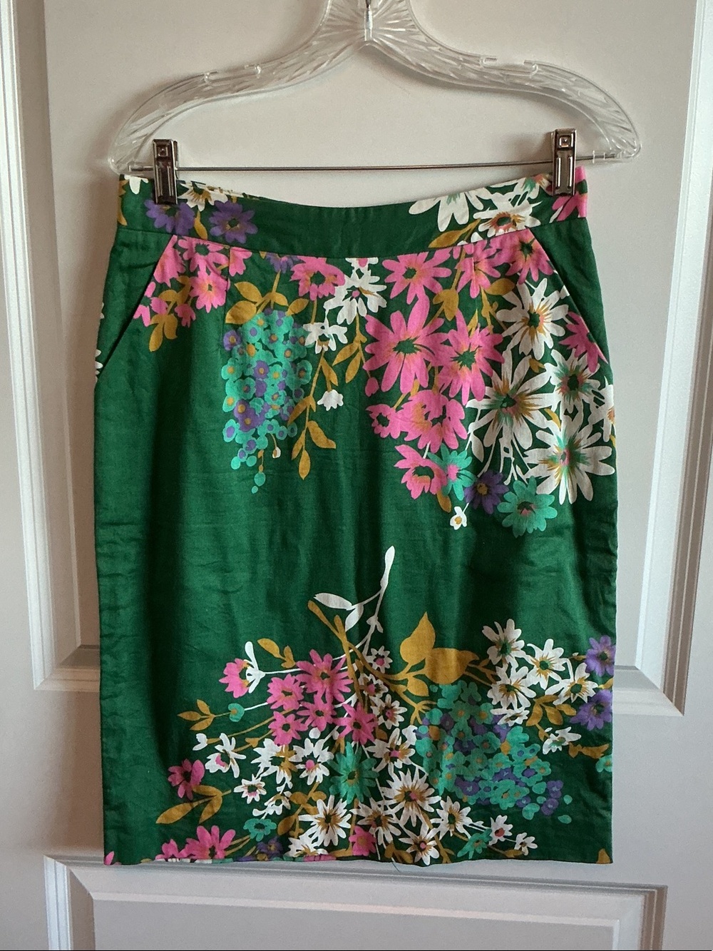Odille Green Floral Pencil Skirt with Pink & White Accents